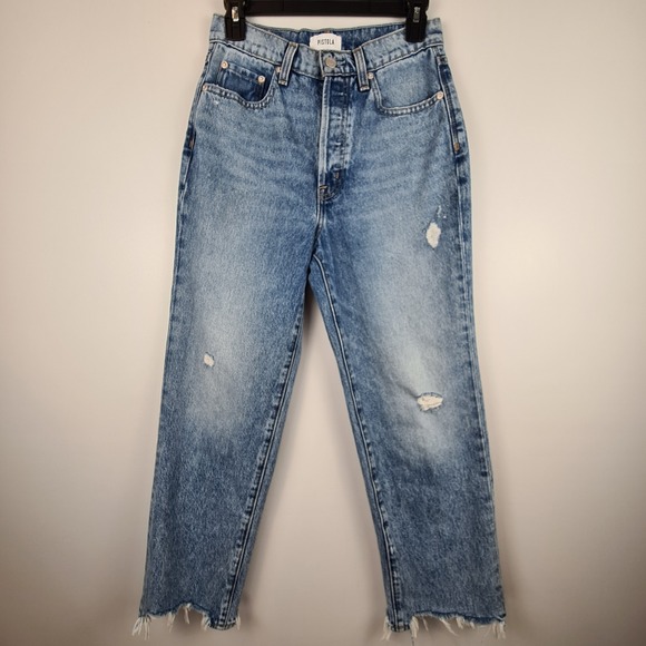 Pistola Womens Jeans Raw Hem Crop Button Fly 26 High Rise Medium Wash Distressed - Picture 1 of 11